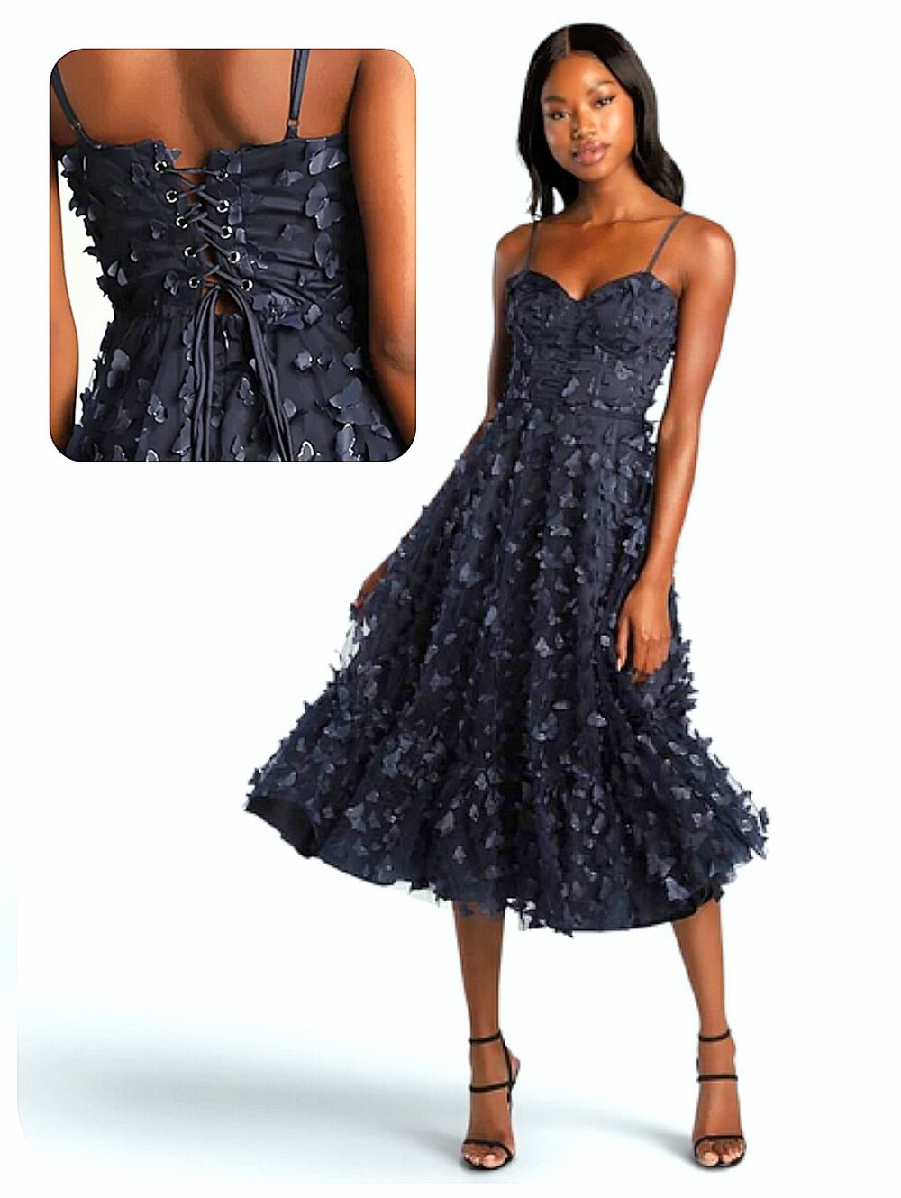 Lulus Time to Fly 3D Butterfly Lace-Up Midi Dress / Navy Blue / Medium / EUC